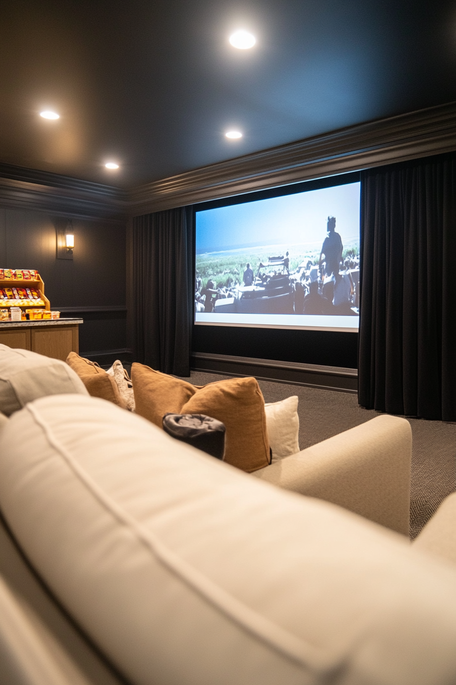 Basement home theater with dimmable lights and concession stand