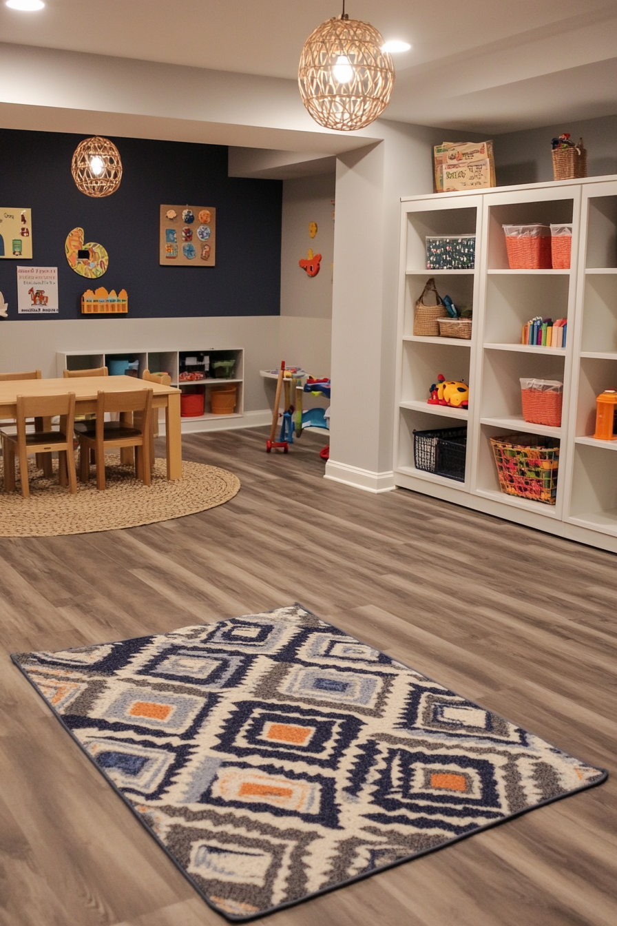 Basement playroom with durable vinyl flooring and colorful area rugs
