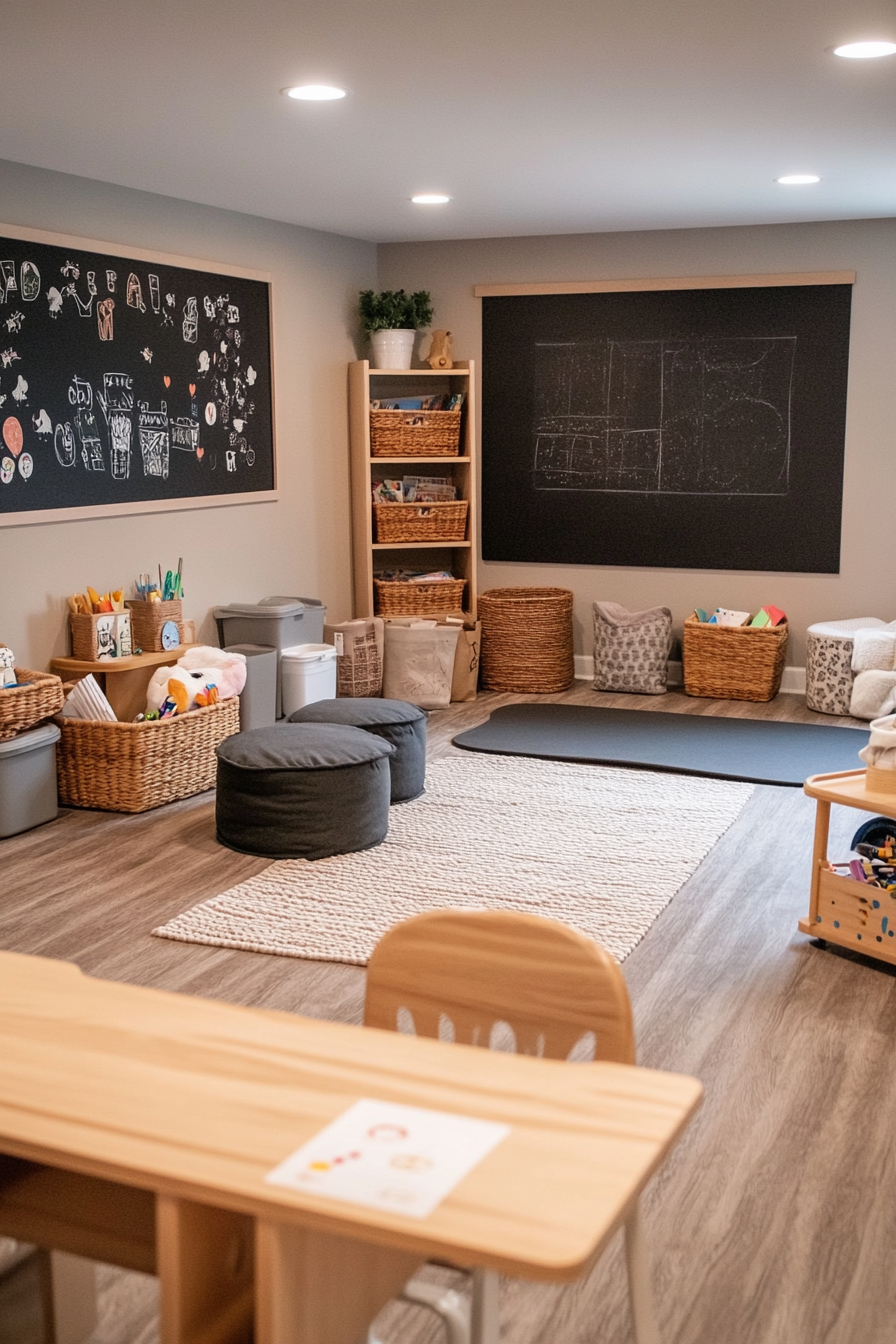 Basement playroom with plenty of storage and craft supplies