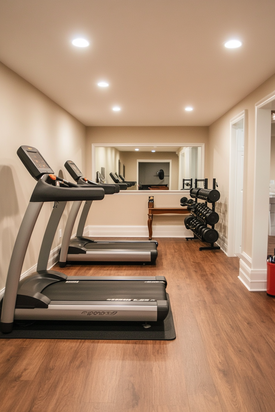 Basement fitness area with rubber mat flooring and essential workout equipment