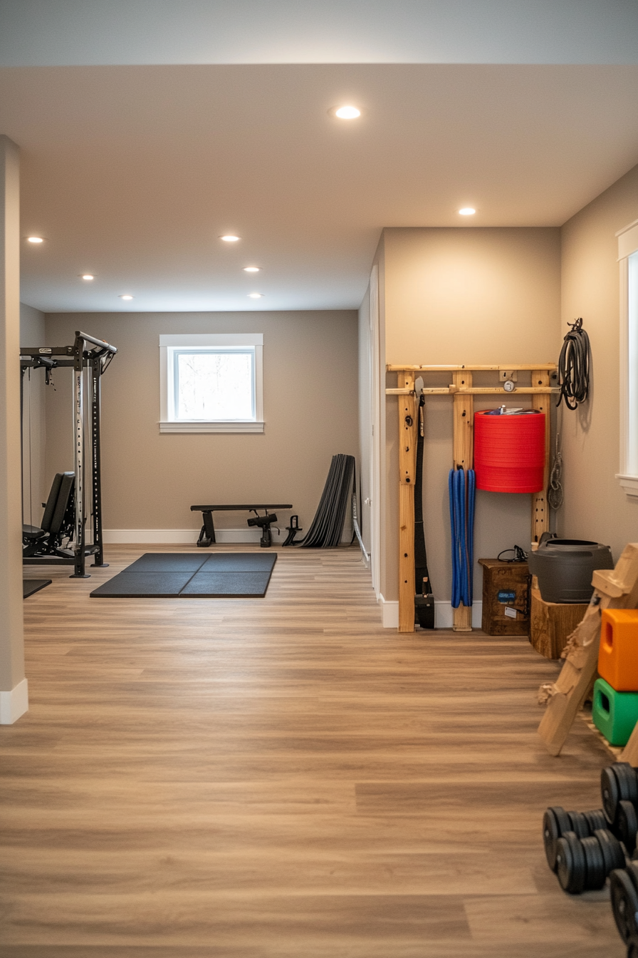 Basement fitness area with organized storage solutions