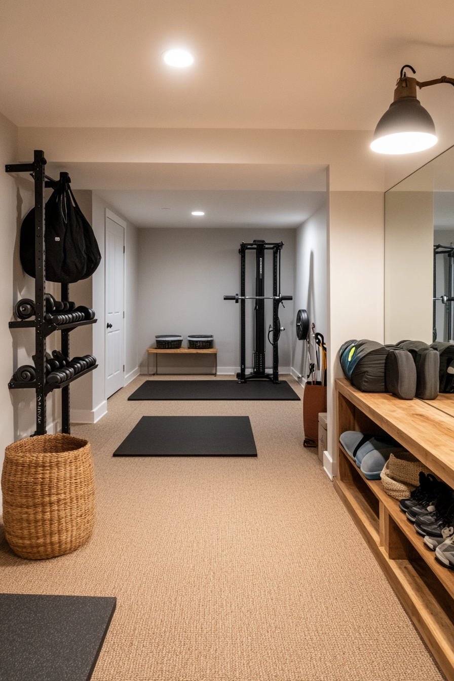 Functional basement fitness area with mirrors and bright lighting