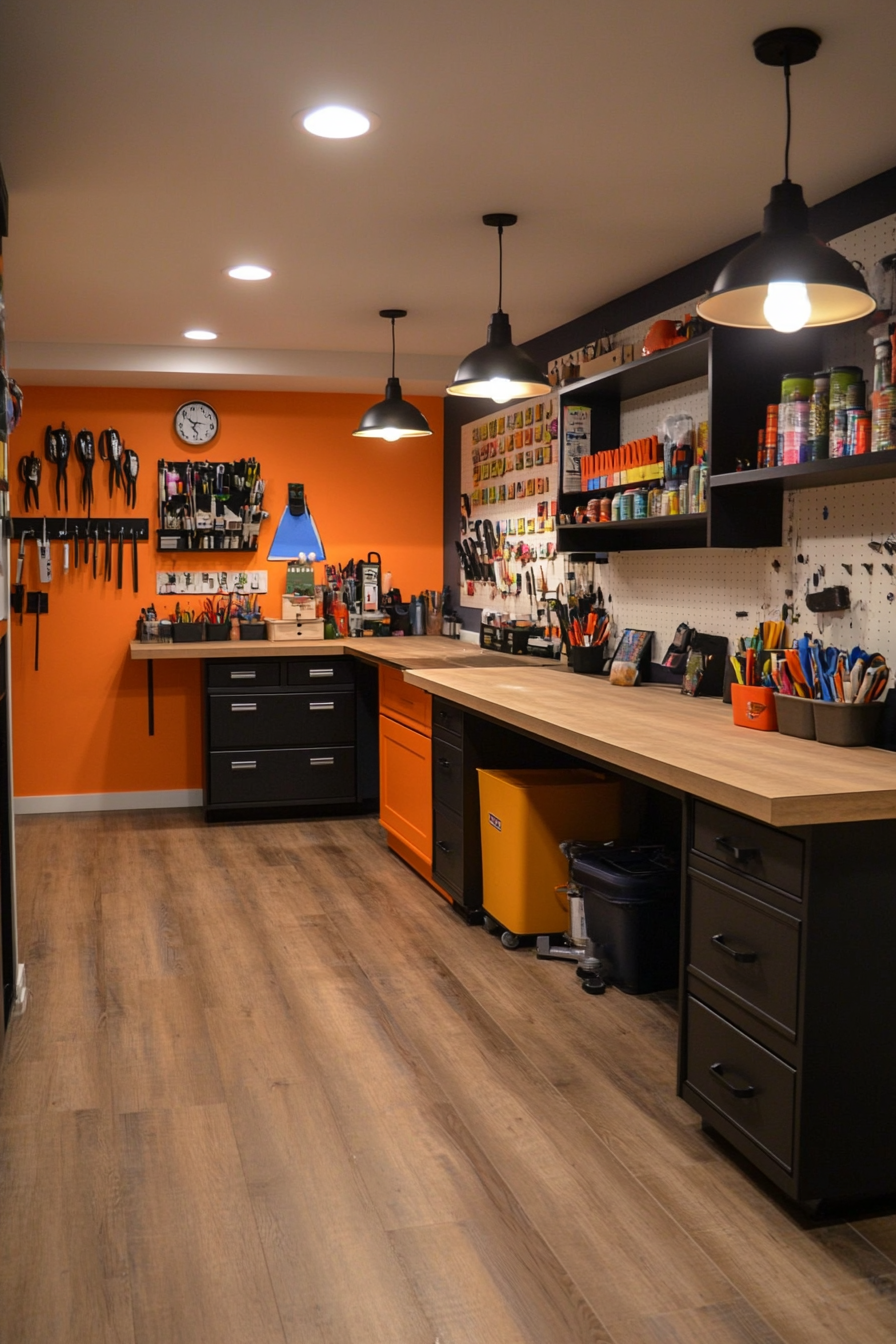 Basement hobby and craft room with large workbench and plenty of storage
