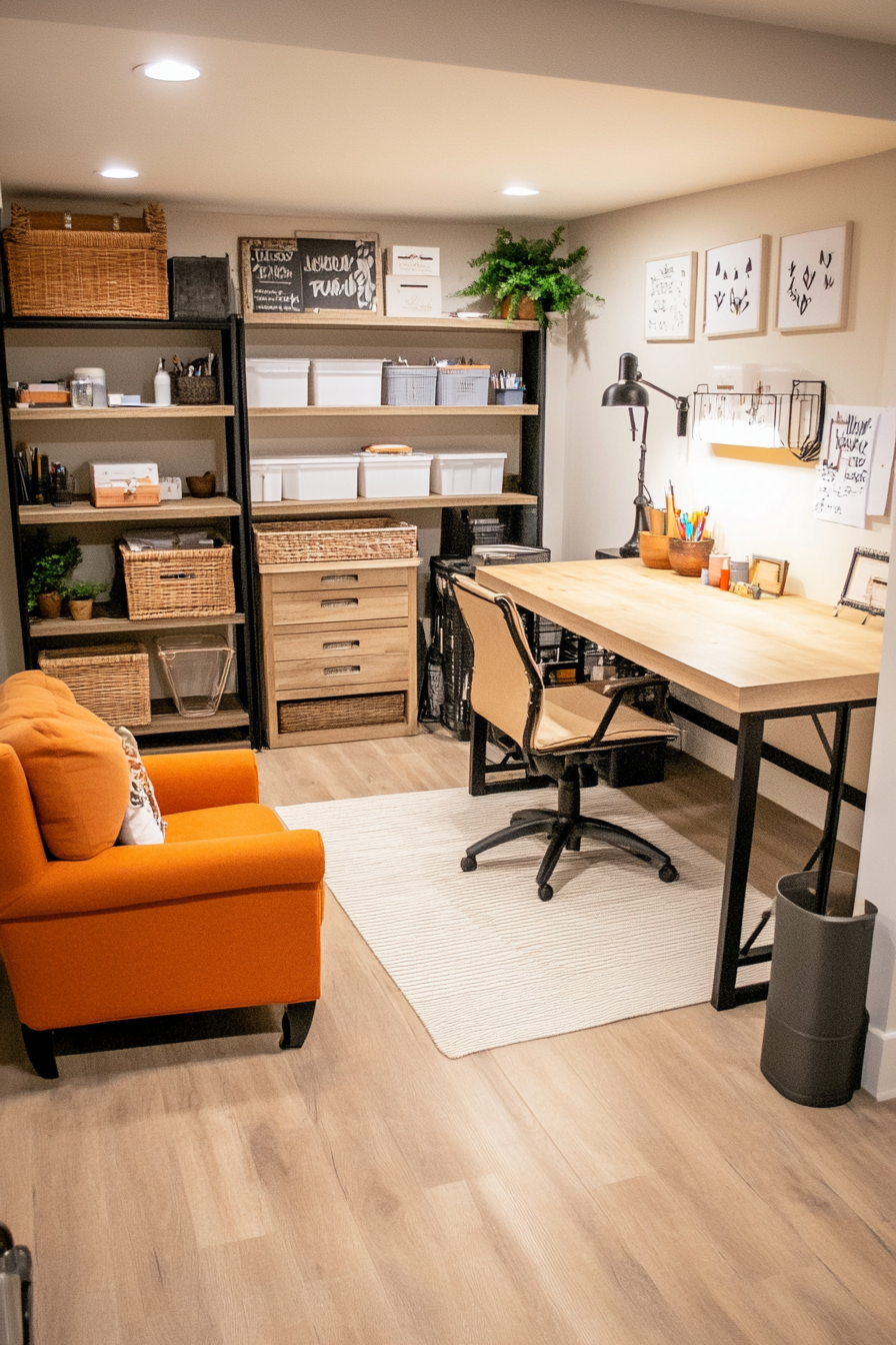 Basement craft room with organized storage and task lighting