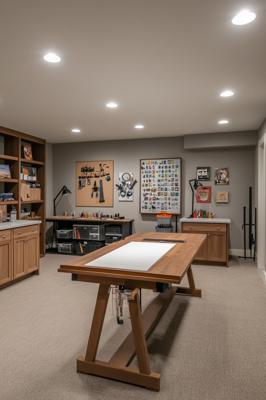 Creative and organized basement hobby room with personal touches