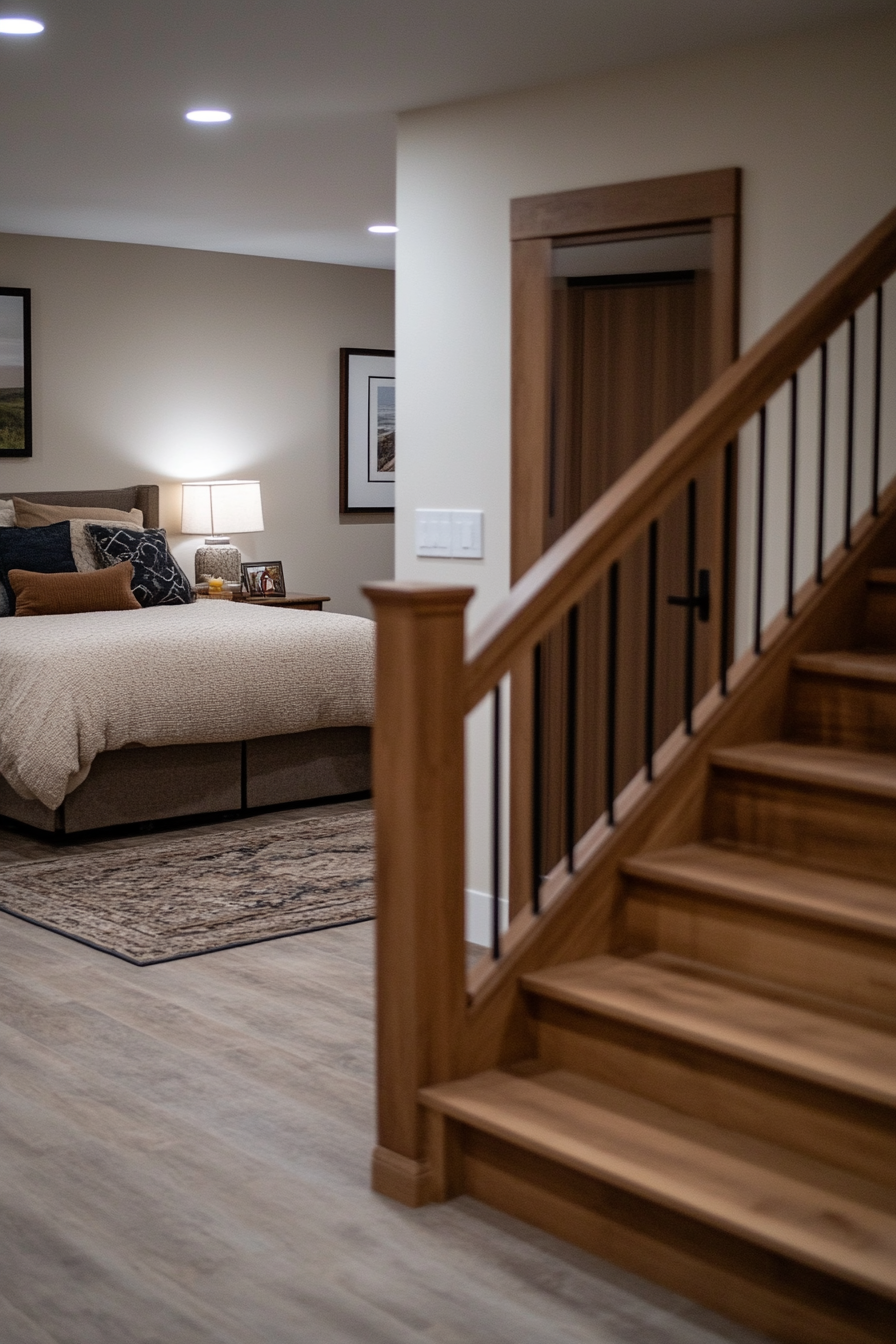 Cozy basement guest suite with comfortable bed and nightstands