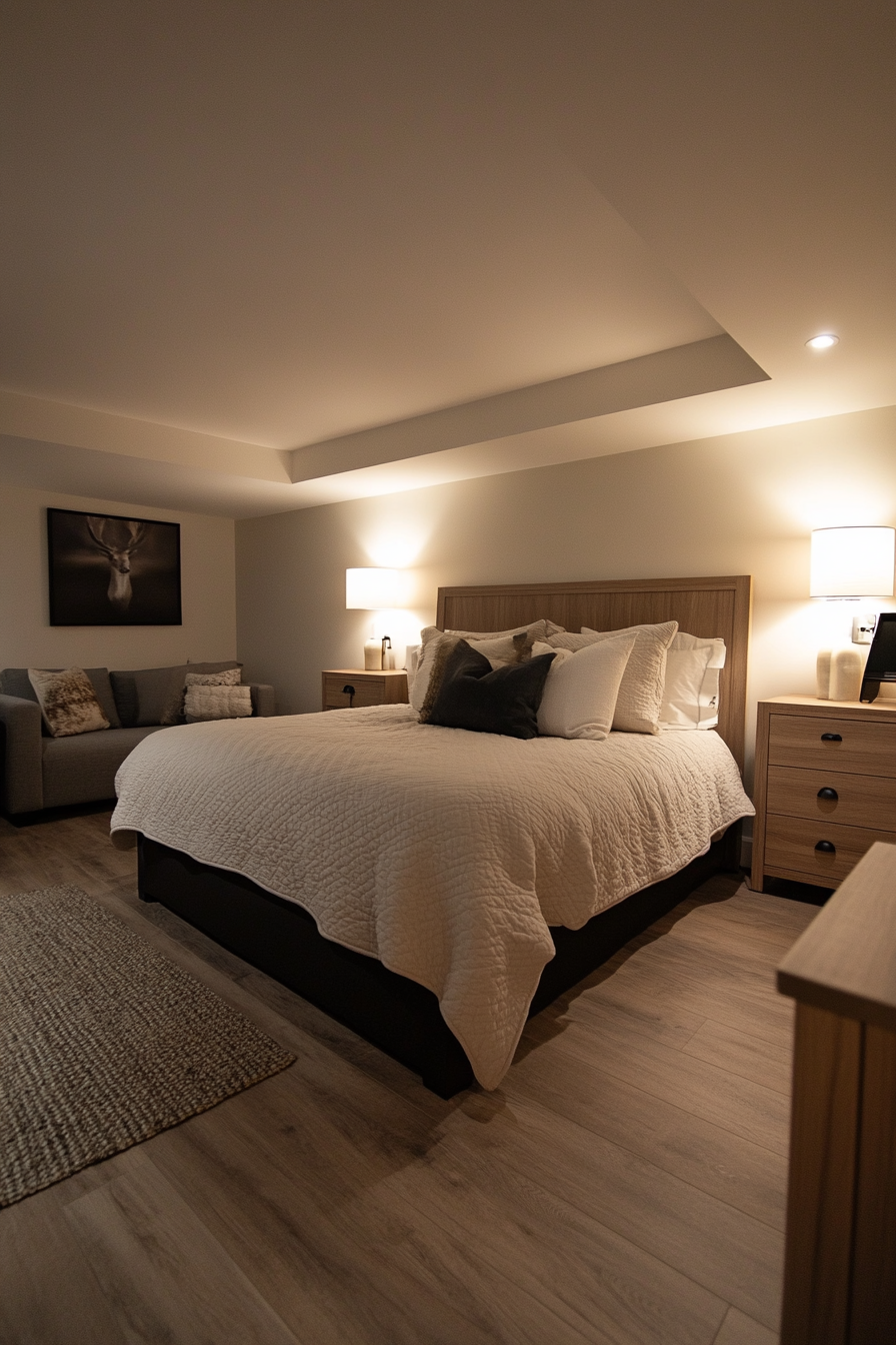 Basement guest suite with seating area and personal touches