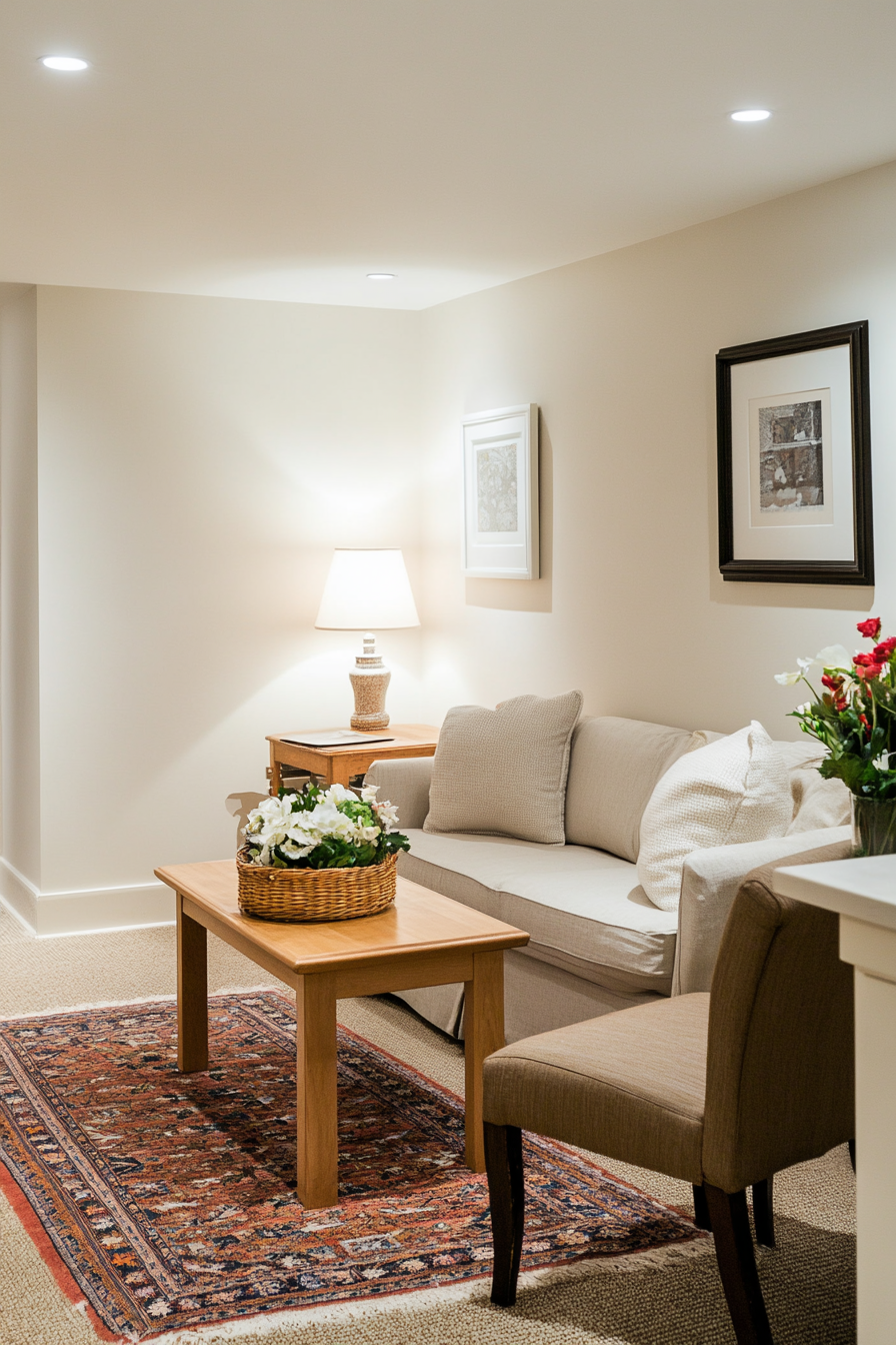 Inviting basement guest suite with kitchenette and private bathroom
