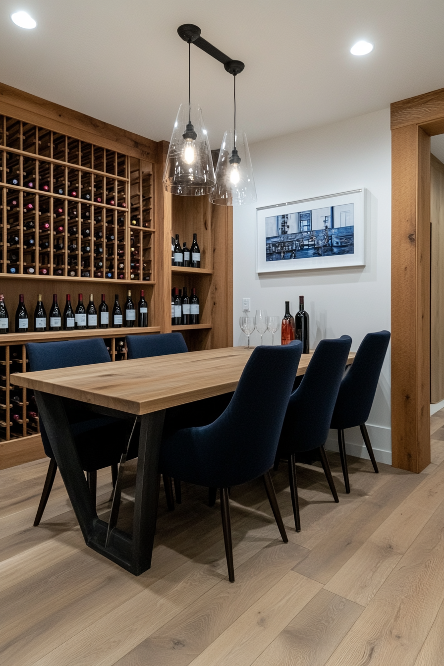 Basement wine cellar with custom shelving and wine racks