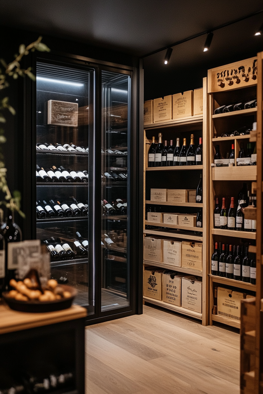 Basement wine cellar with LED lighting and vintage decor