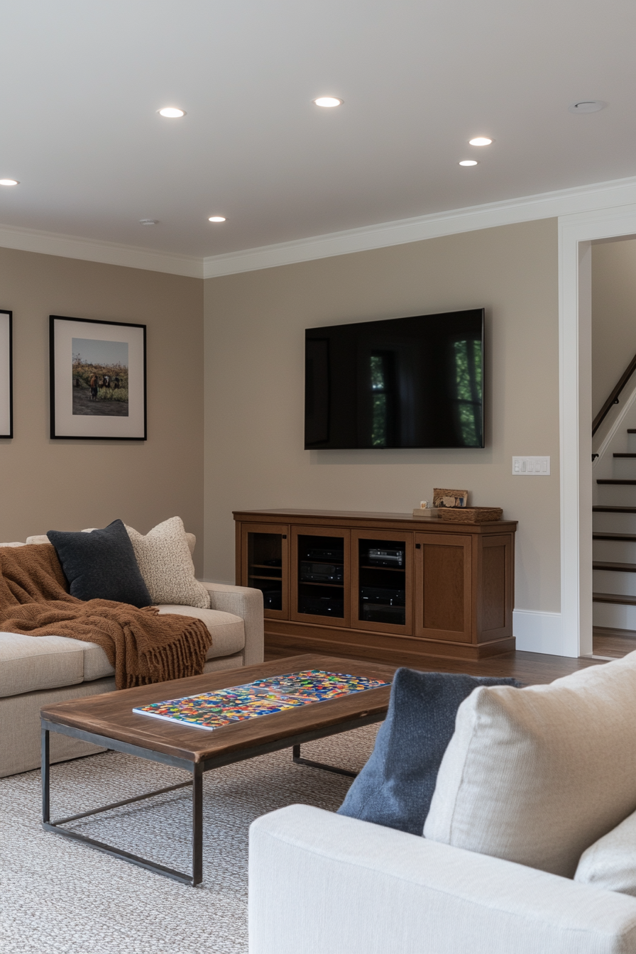Basement family room with layered lighting and soft textiles