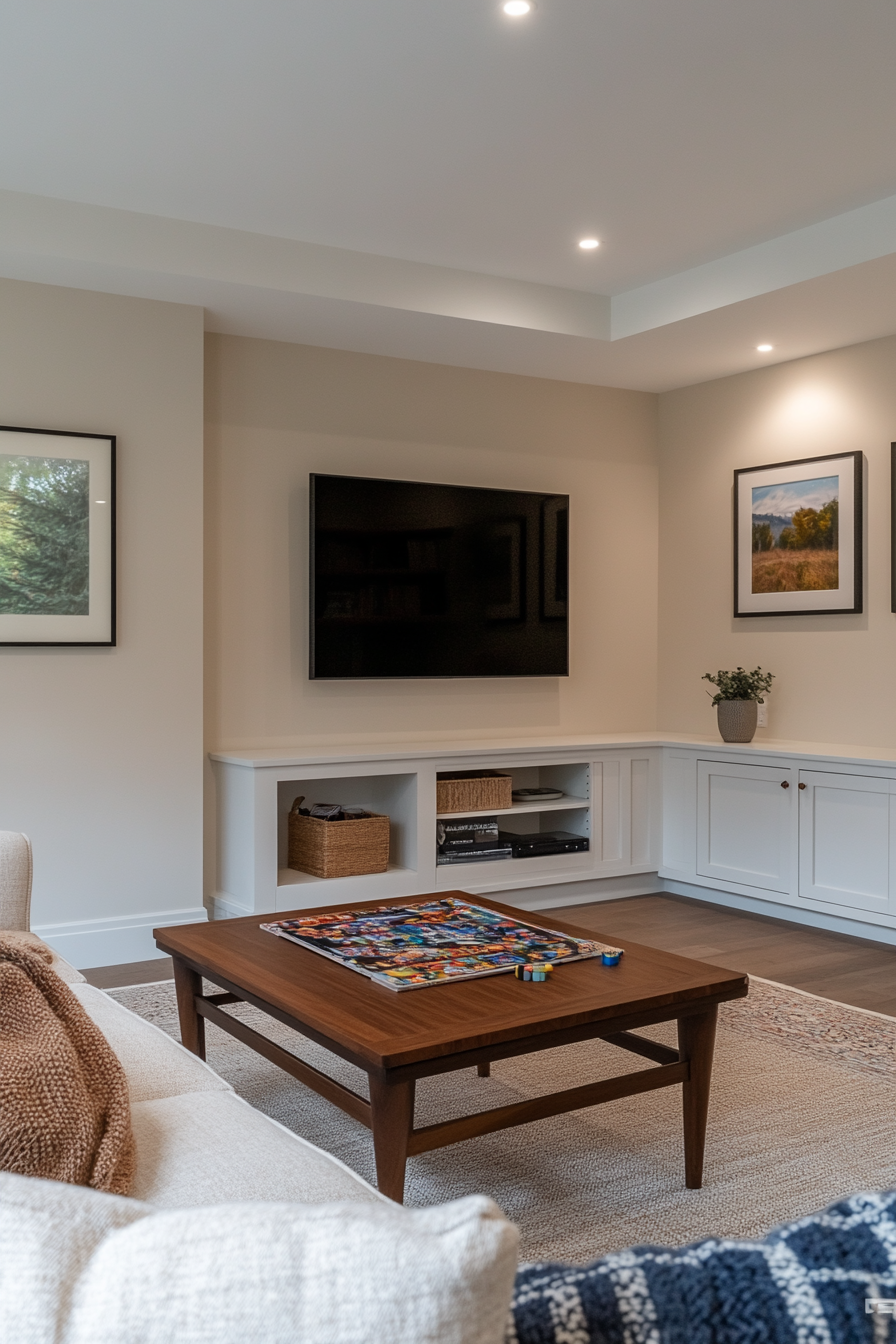 Decorated basement family room with indoor plants and artwork