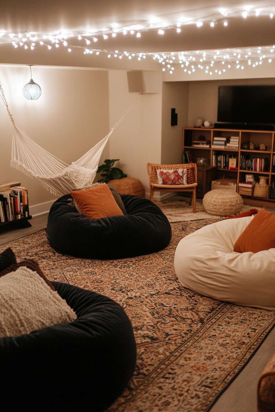 Basement retreat with throw blankets, cushions, and artwork