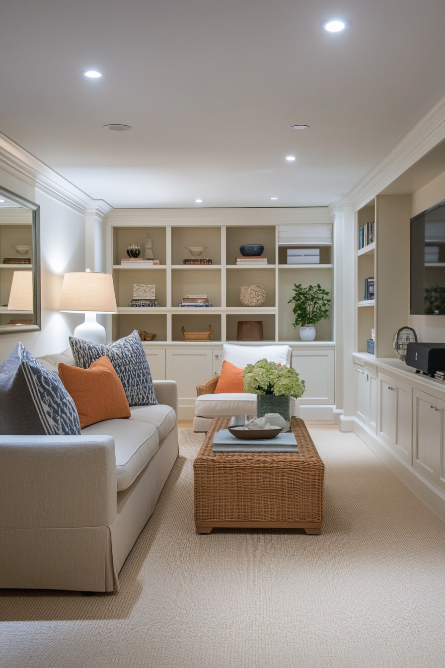 Compact basement with built-in furniture and light color palette