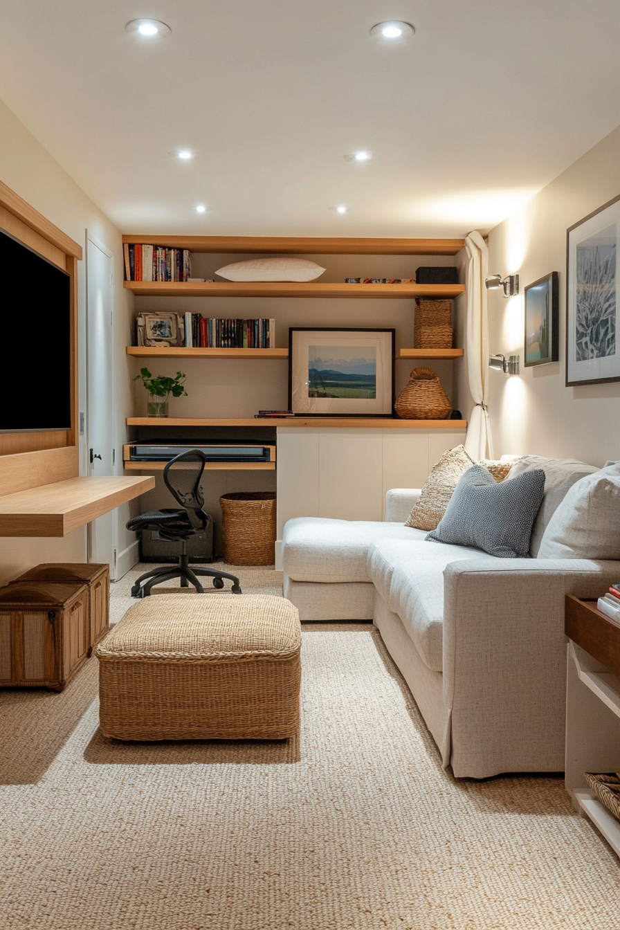 Small basement with efficient use of vertical space and recessed lighting