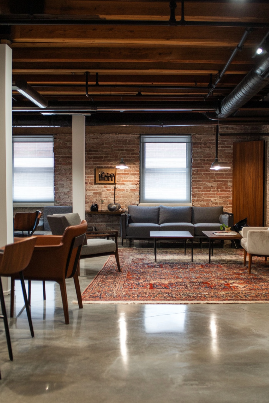 Basement with polished concrete flooring and area rugs