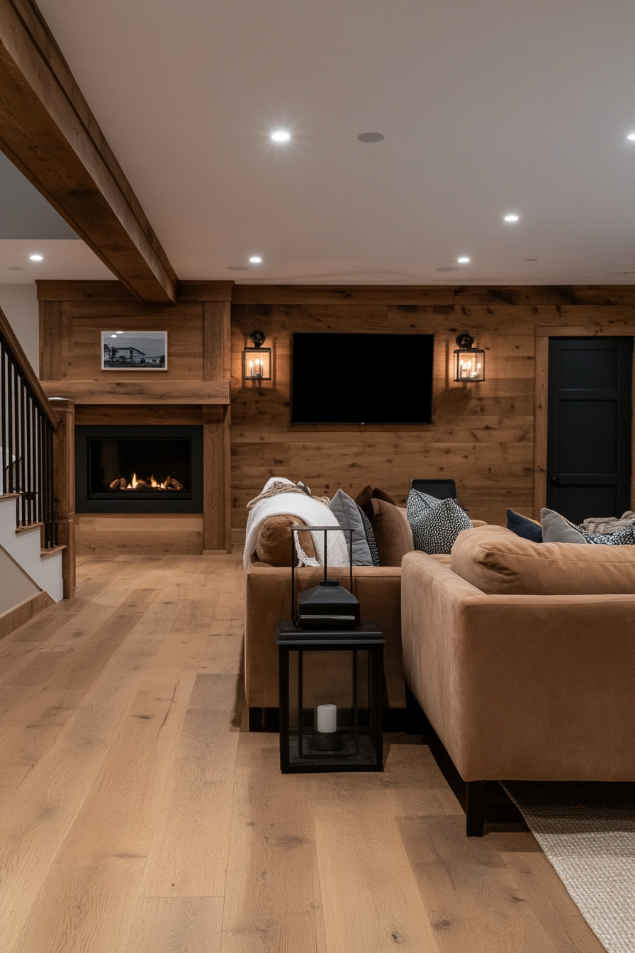 Basement with warm wood paneling
