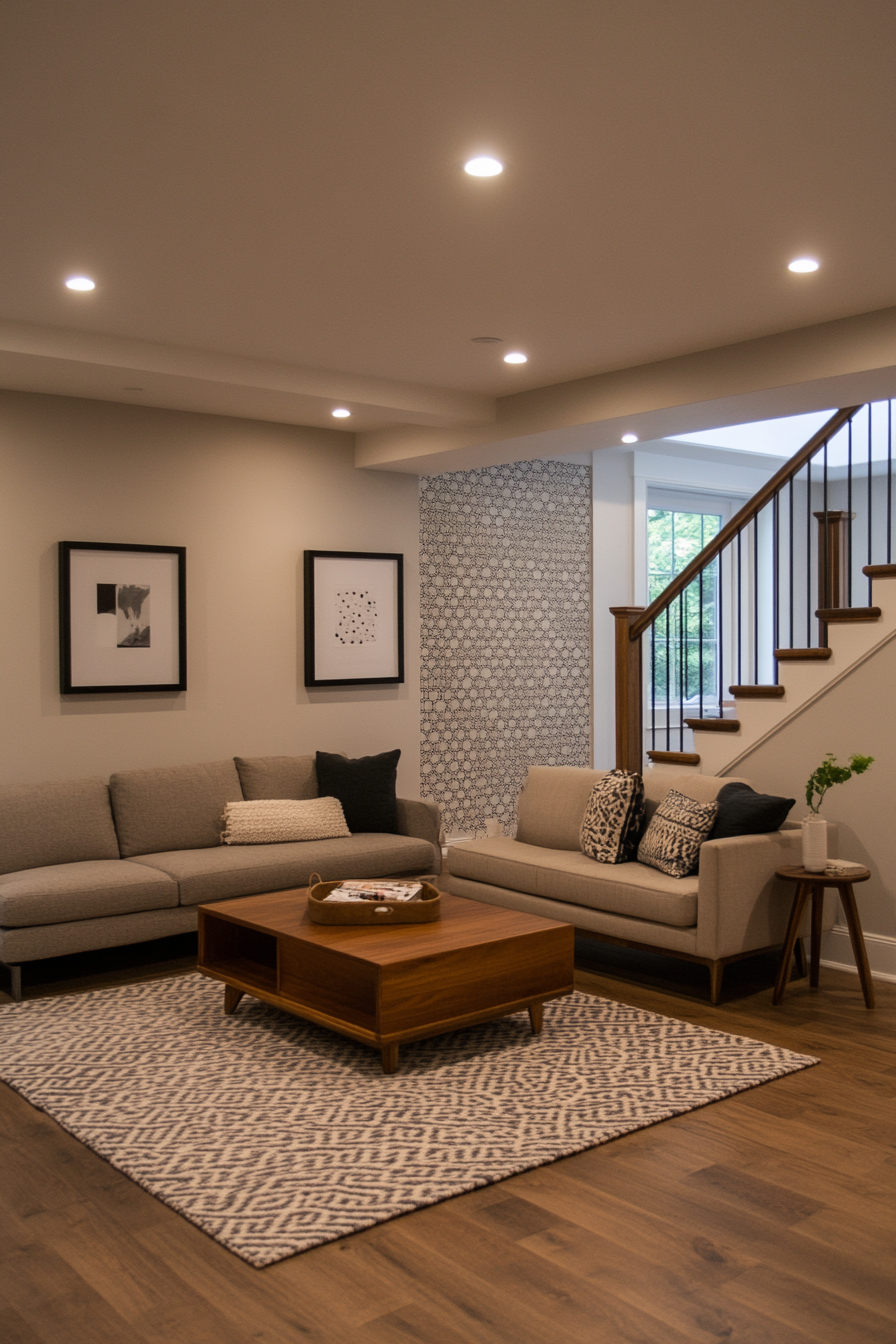 Basement with modern drywall and accent wall