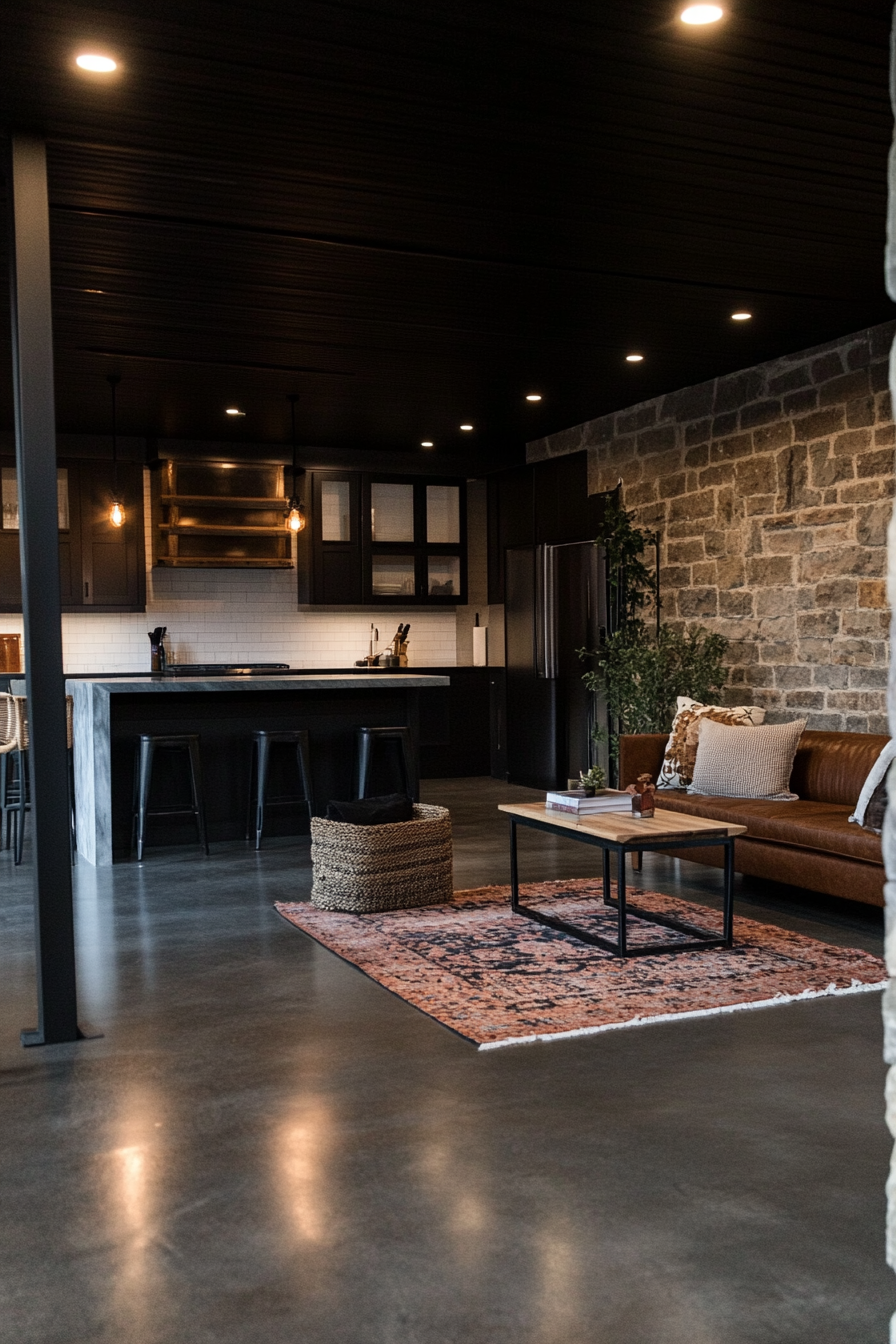 Basement with exposed brick walls for industrial aesthetic