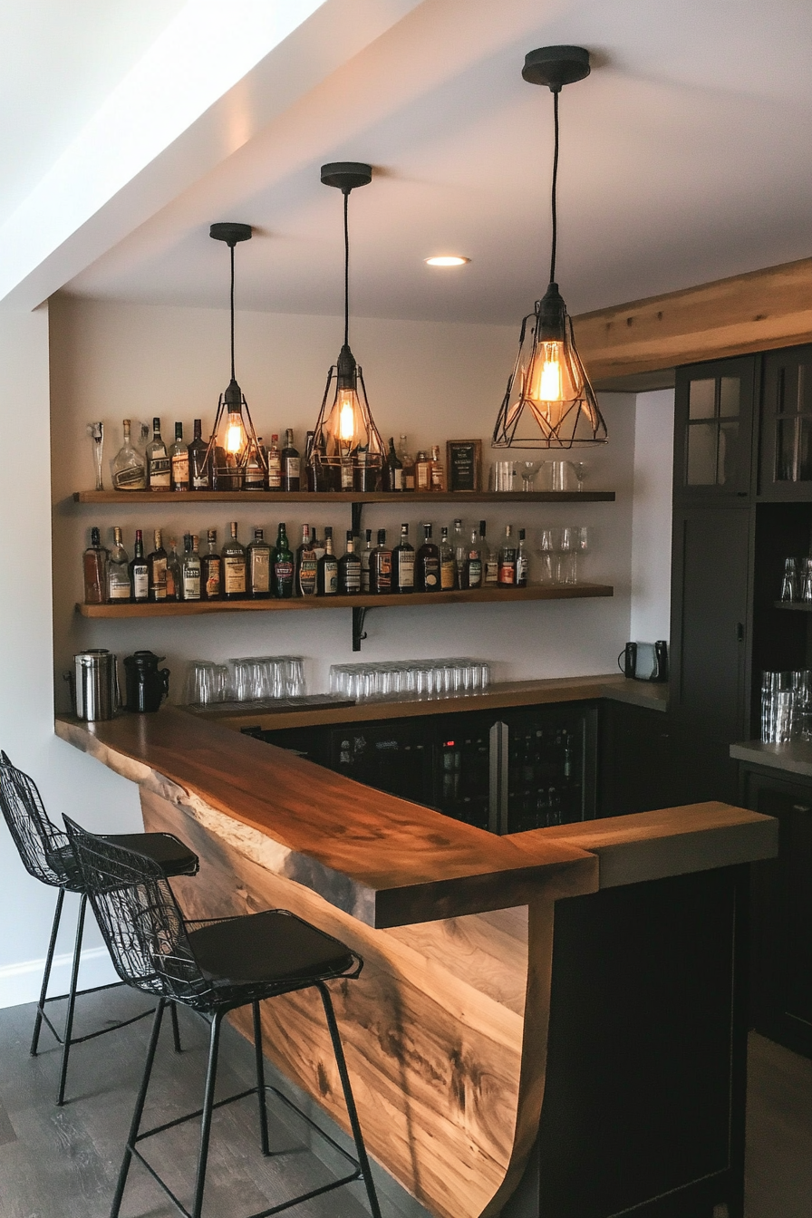 Basement bar with stylish wooden counter