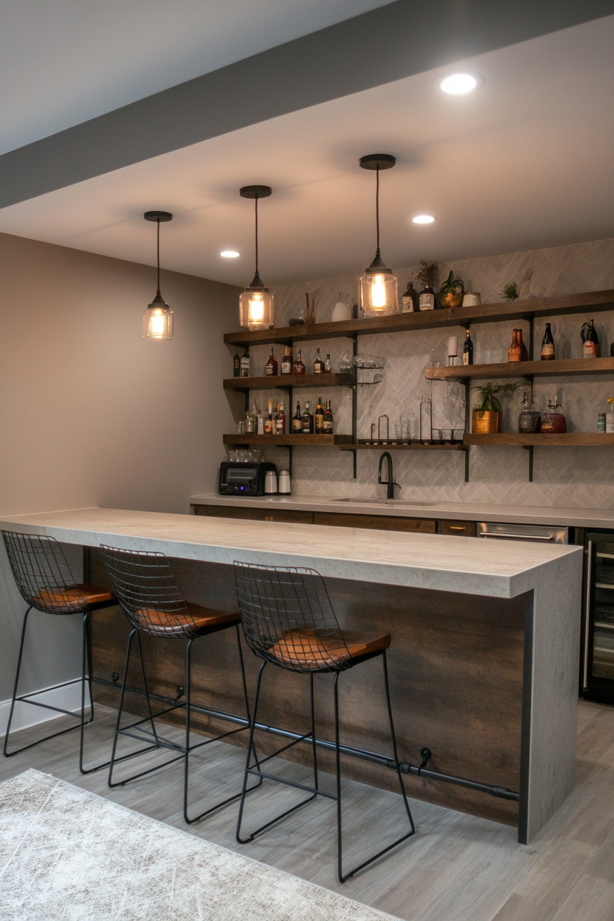 Chic basement bar with stone countertop and metal bar stools