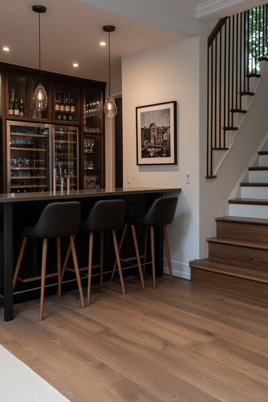 Modern basement bar with metal counter and stylish seating