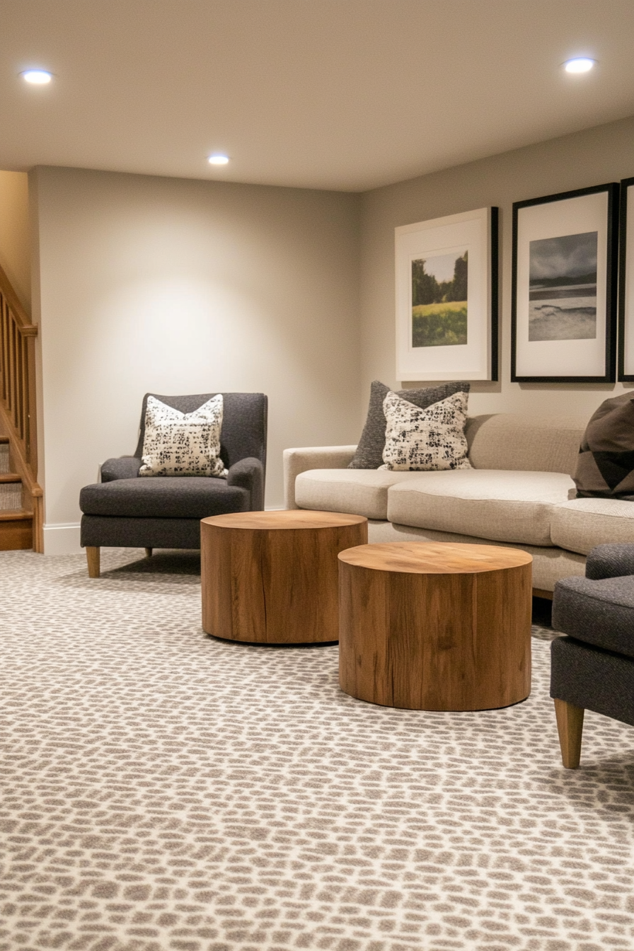 Basement with Berber carpet and geometric pattern