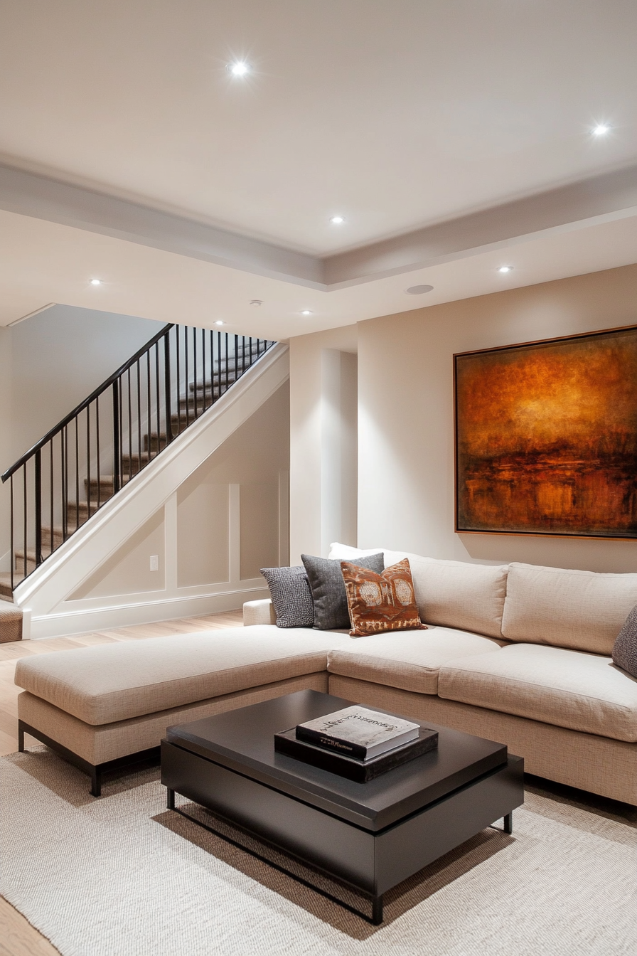 Basement with light-colored walls and low-profile furniture