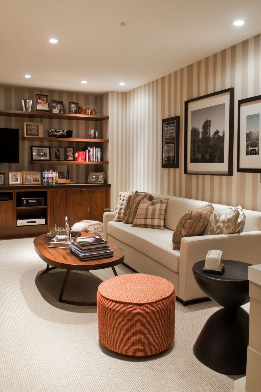 Basement with vertical stripes on walls and low-profile furniture