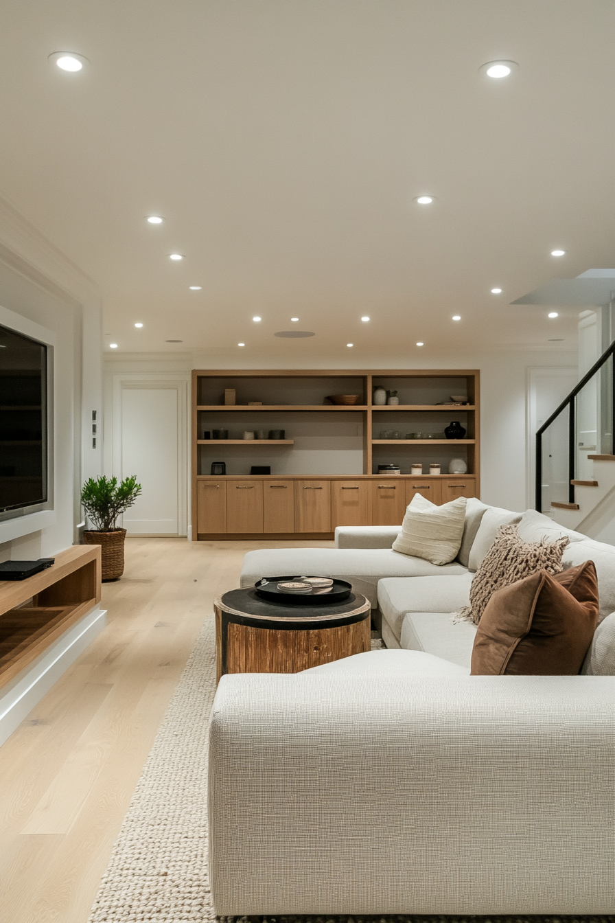 Basement with light-colored walls, recessed lighting, and minimal decor