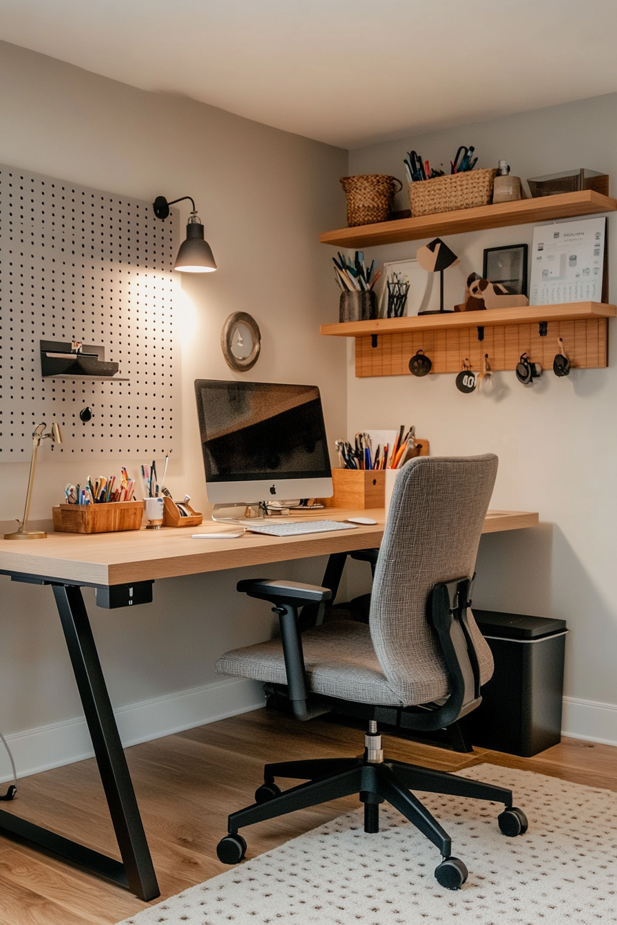 Basement home office with sturdy desk and comfortable chair