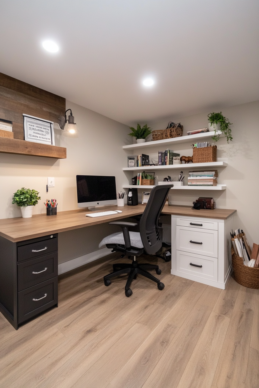 Basement home office with organized storage solutions