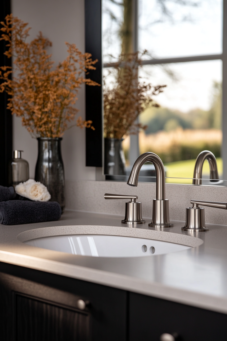 Bathroom with brushed nickel faucets and handles