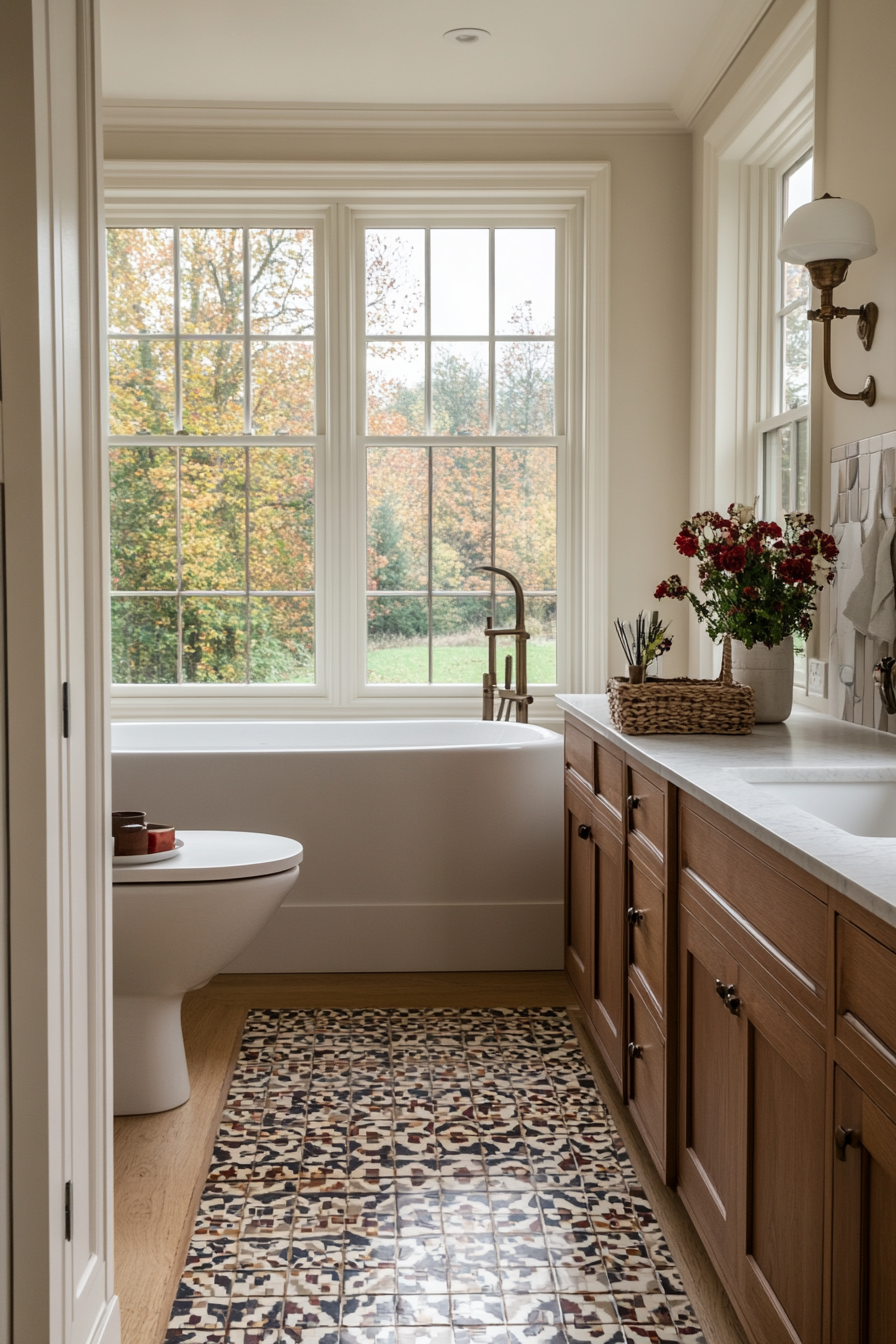 Patterned tiles in bathroom