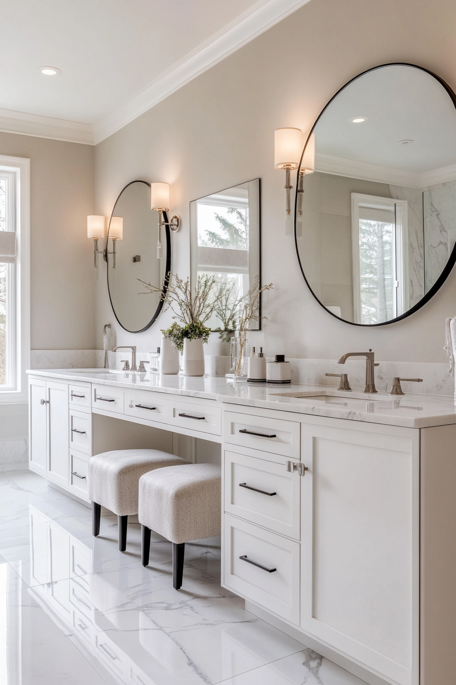 Bathroom with large frameless mirrors and sconces