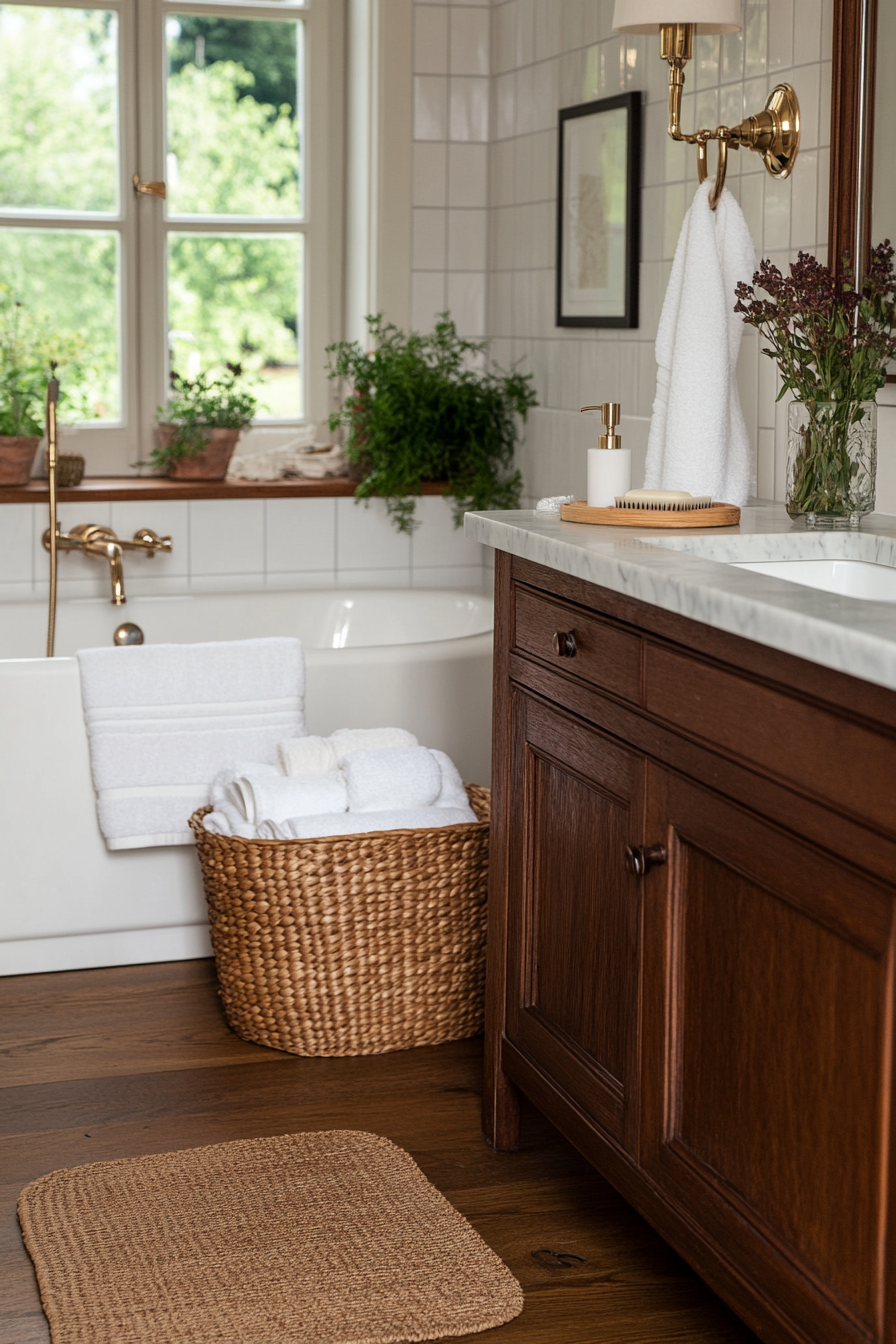 Bathroom with textured tiles and woven baskets