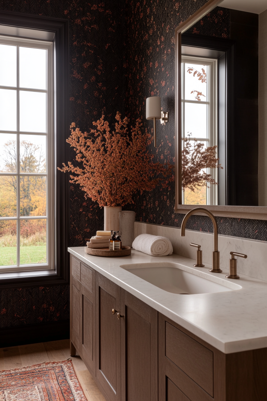 Bathroom with bold geometric wallpaper feature wall