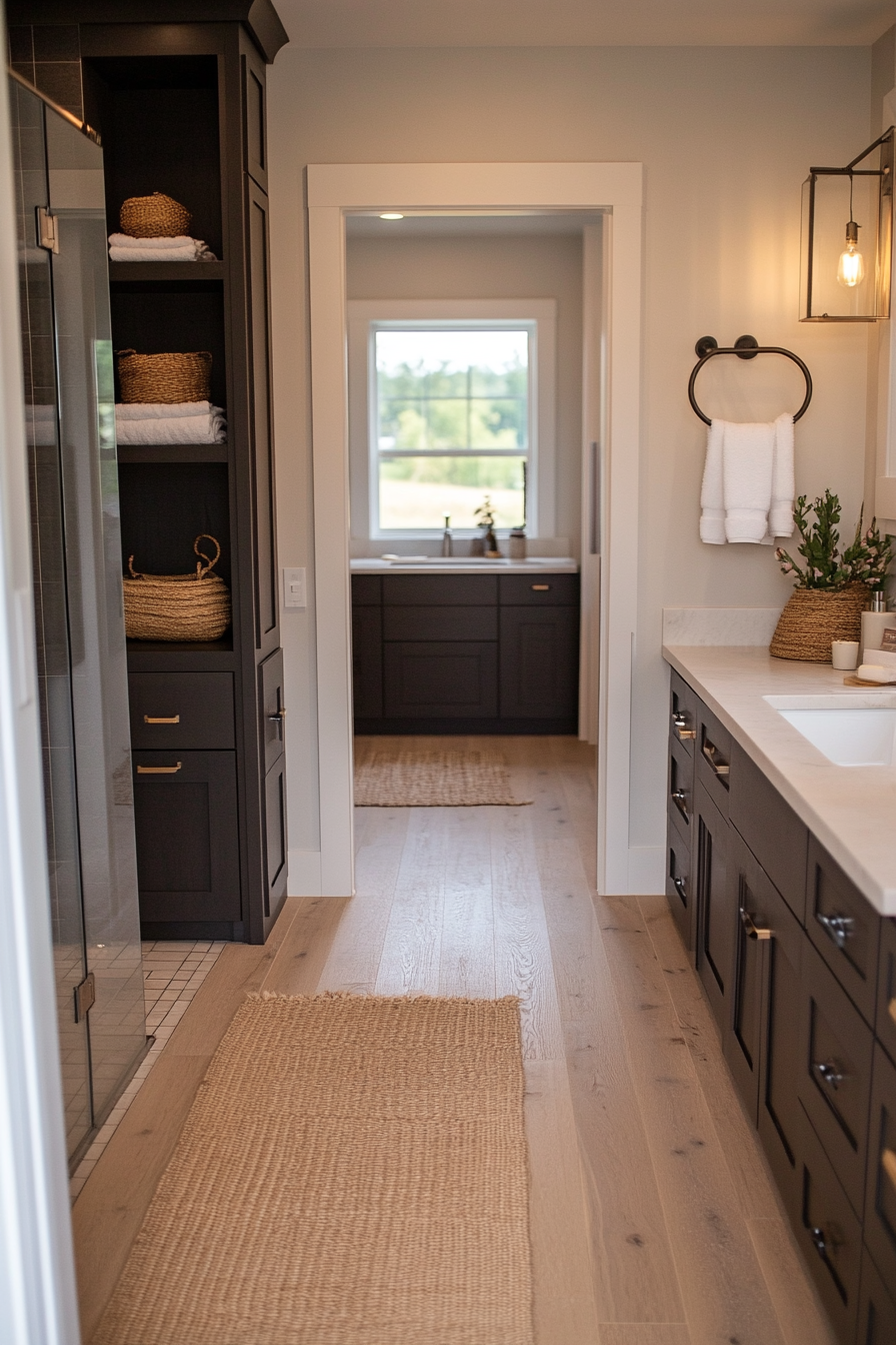 Bathroom with built-in and freestanding storage solutions
