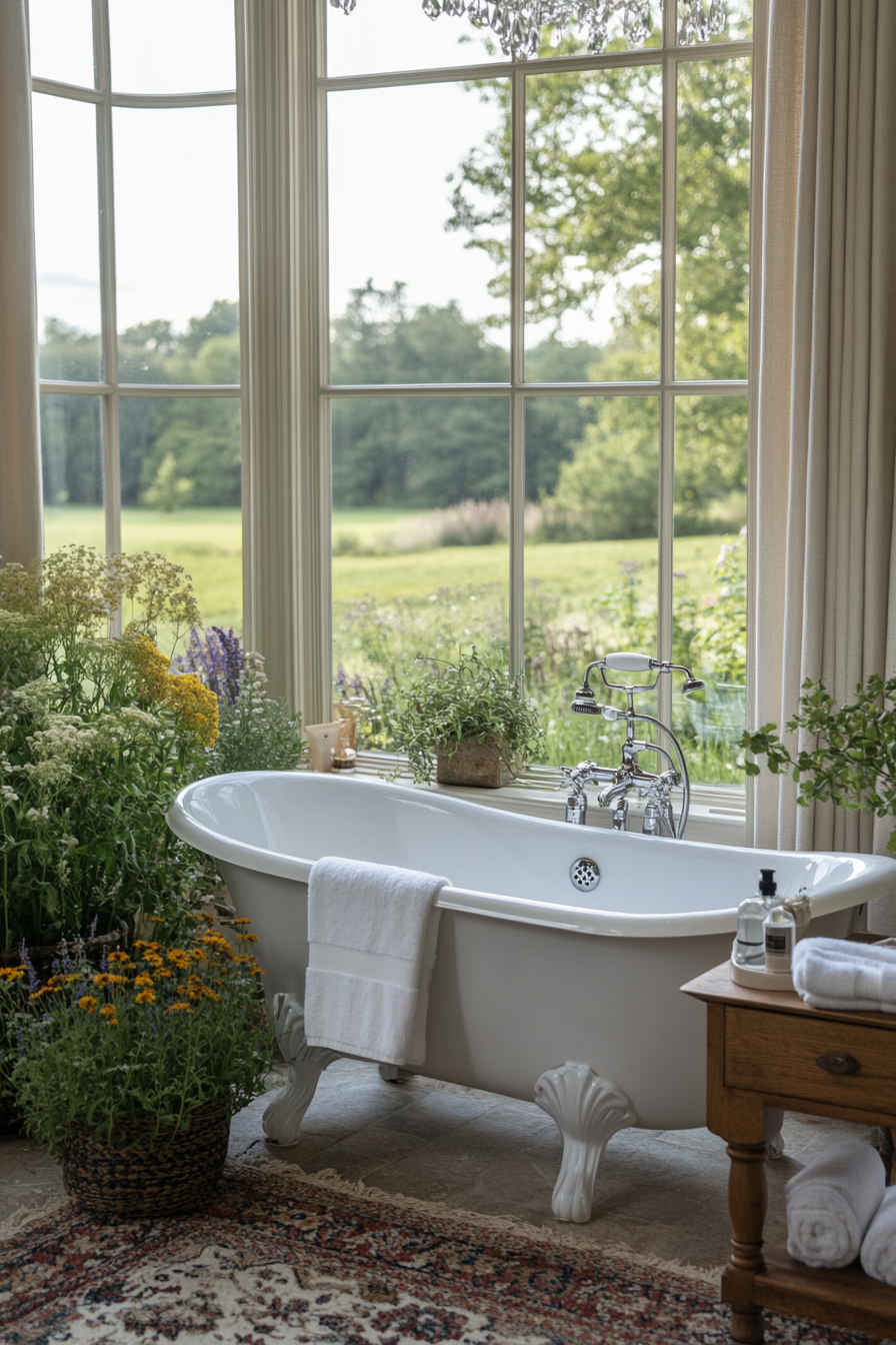 Freestanding bathtub with plush bath rug and ambient lighting