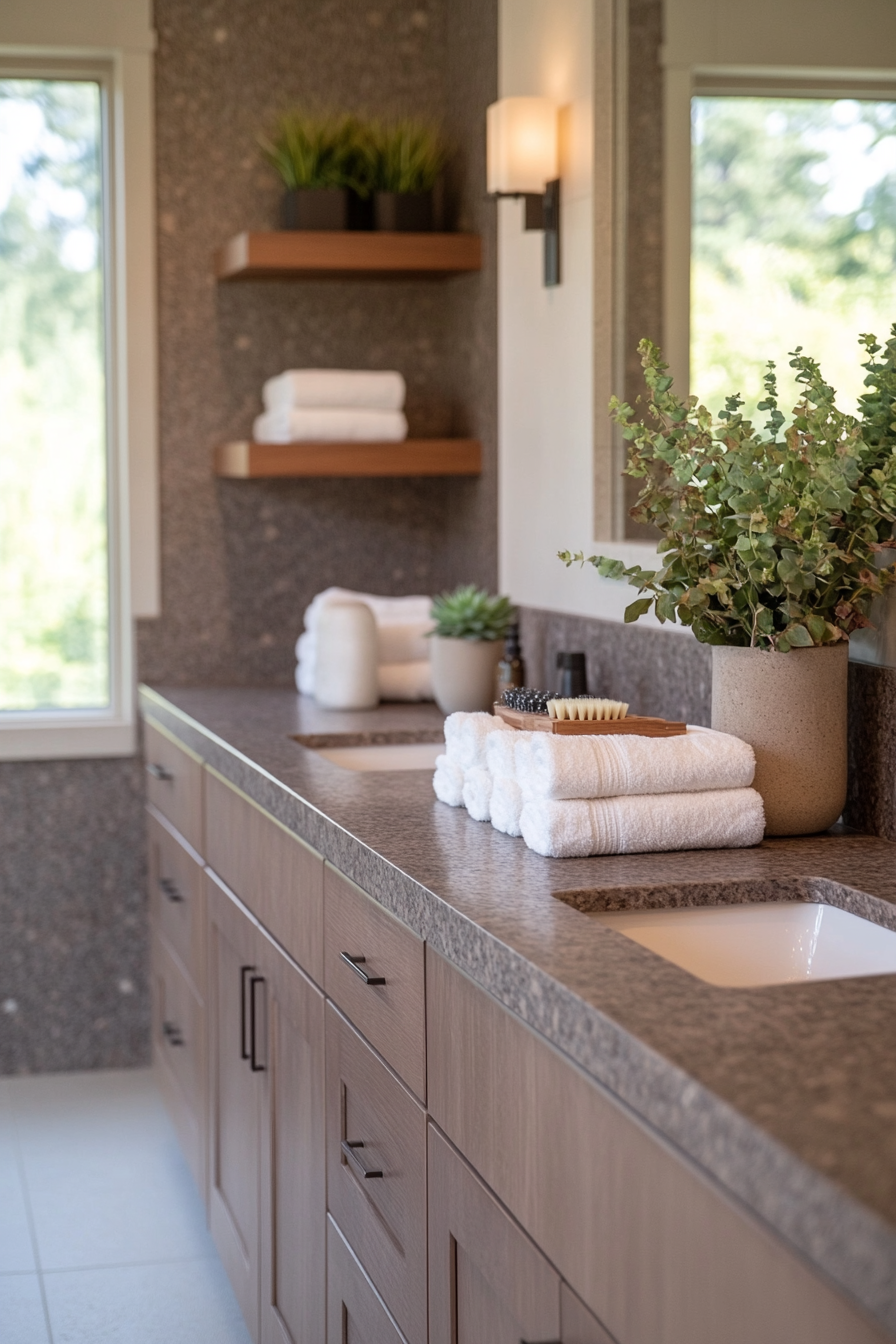 Bathroom with stone countertops and wooden vanity