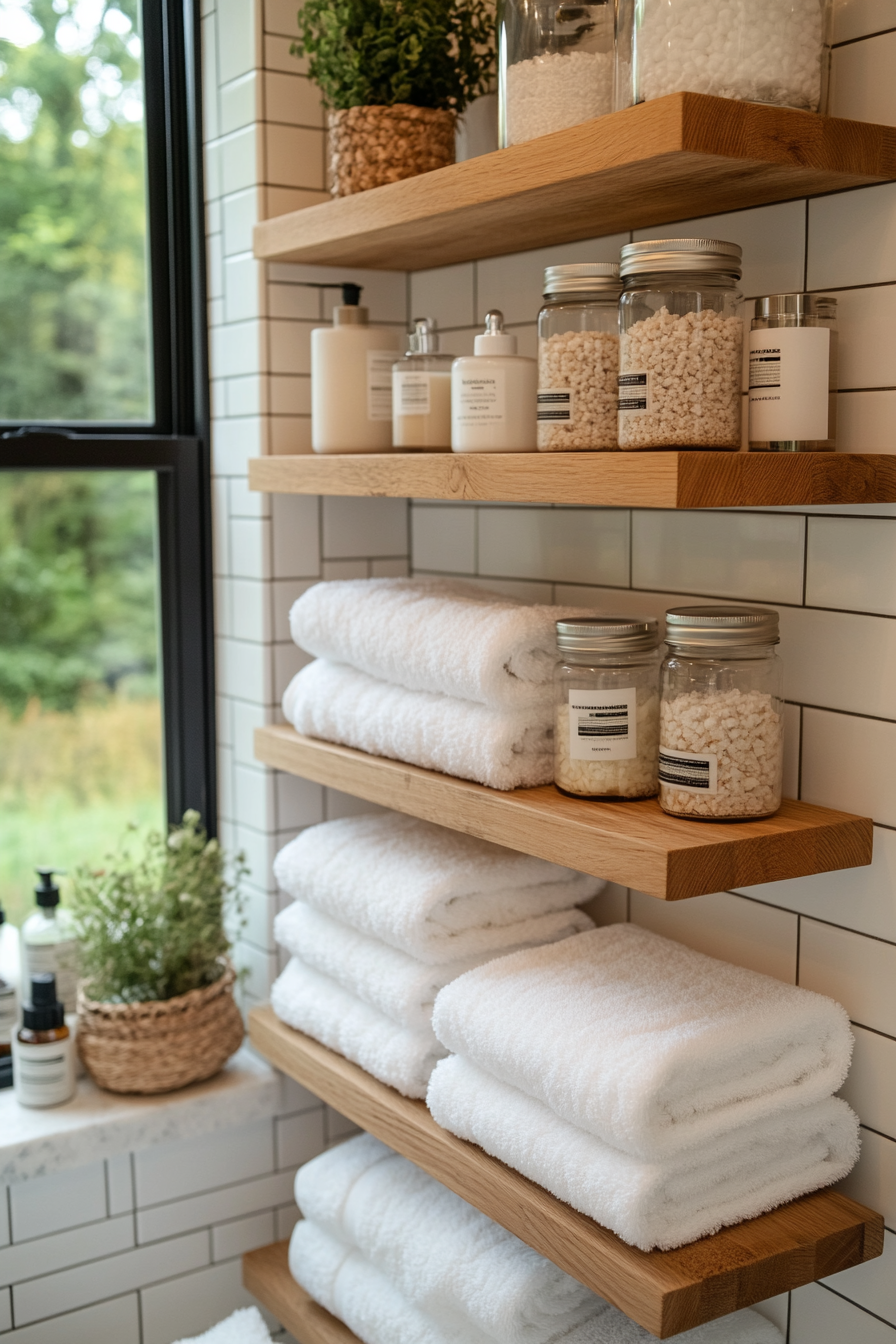 Bathroom with floating wooden shelves