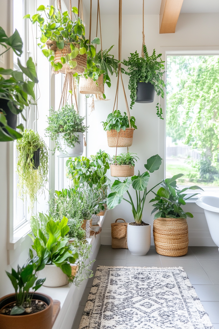 Bathroom with hanging and potted plants