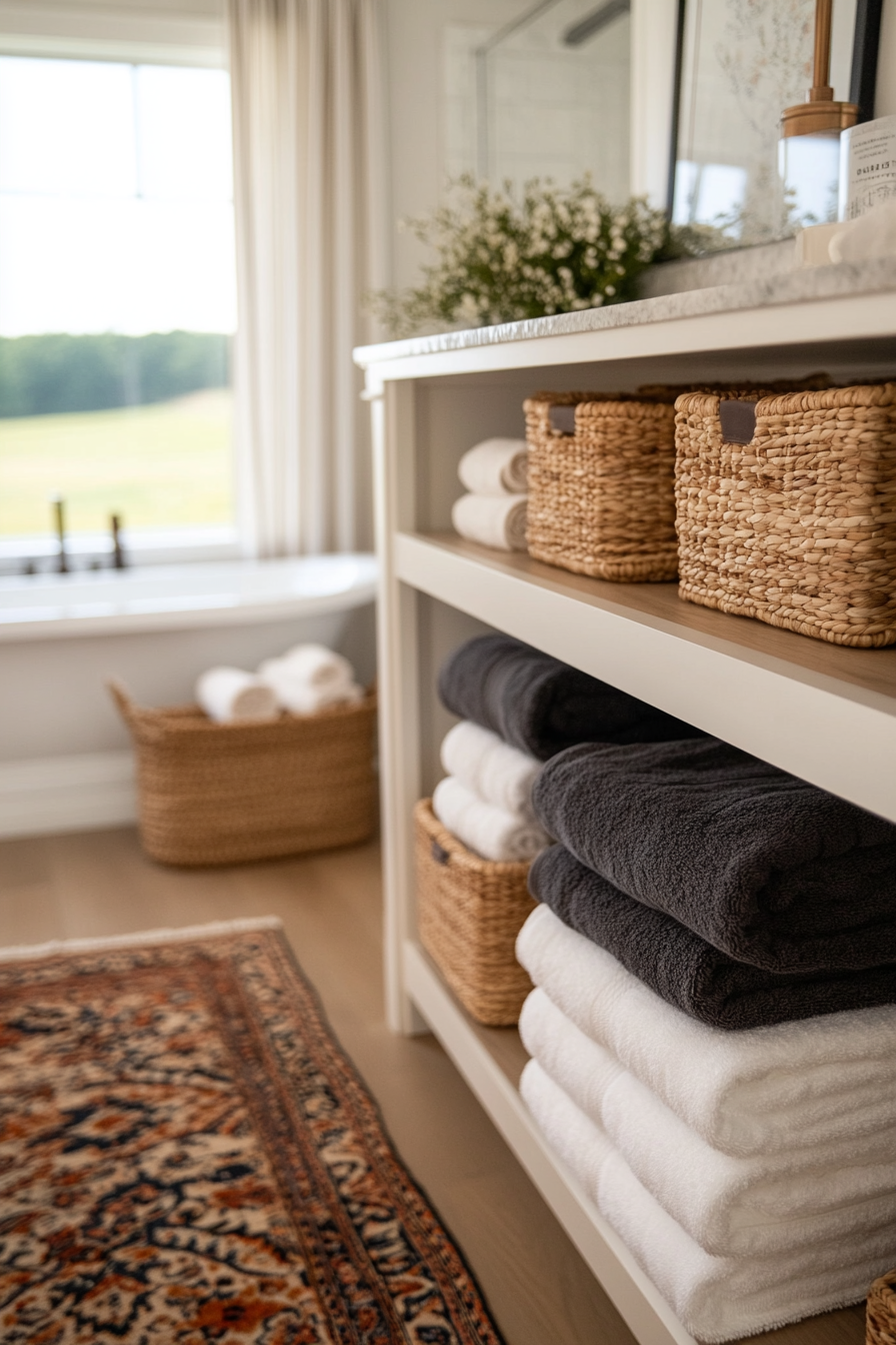 Bathroom with plush towels and elegant shower curtain