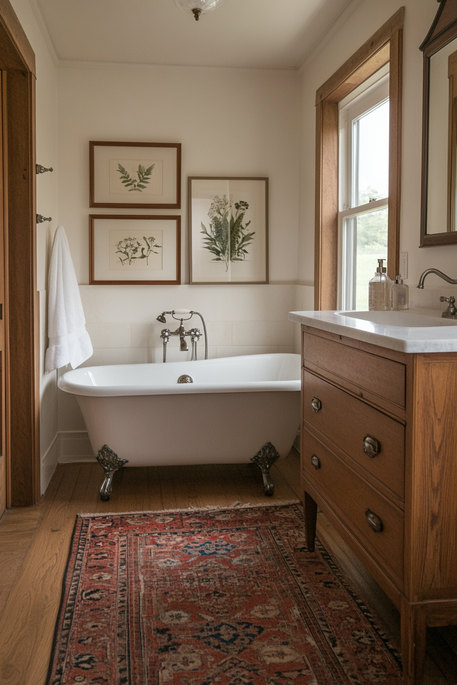 Bathroom with antique dresser and vintage mirrors