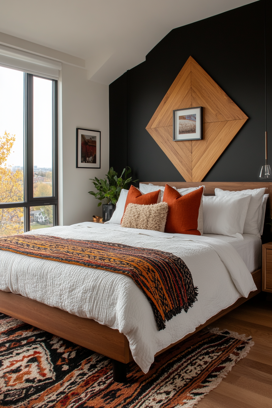 Bedroom with bold geometric pattern accent wall