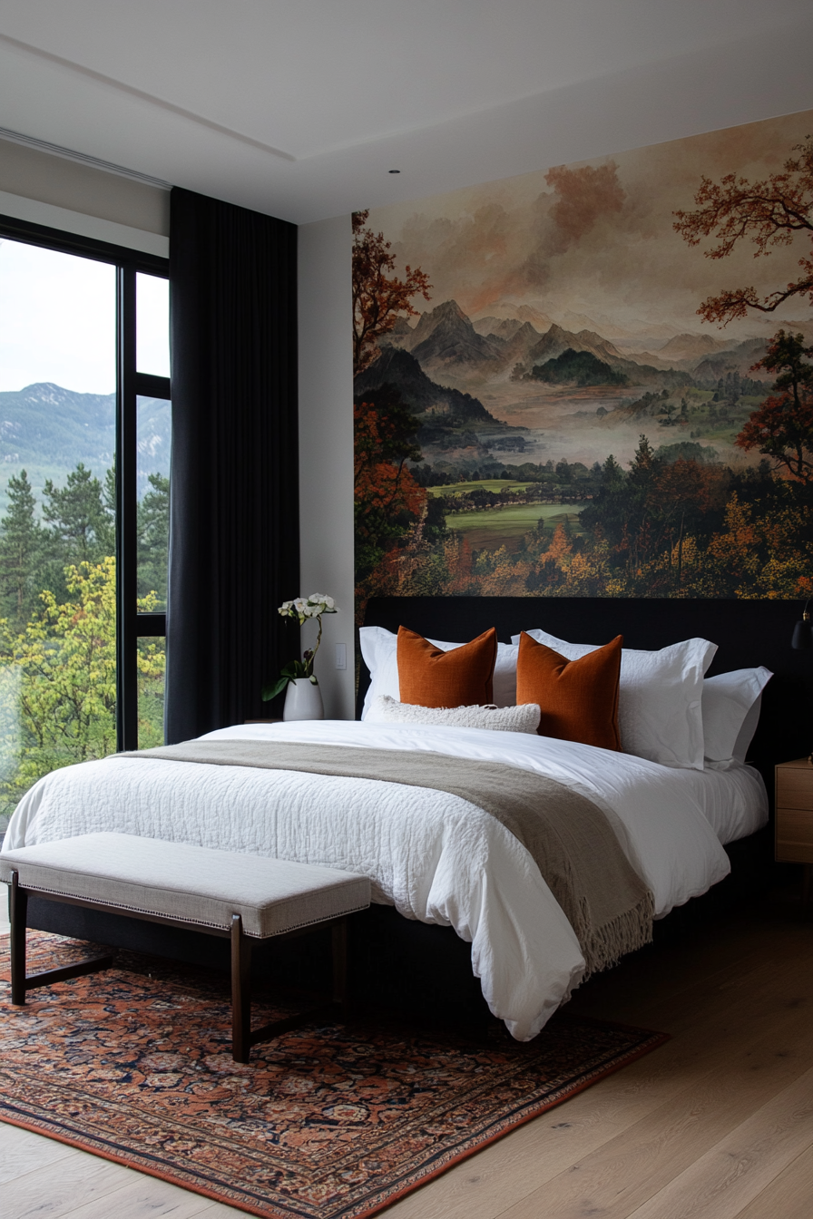 Bedroom with artistic mural accent wall