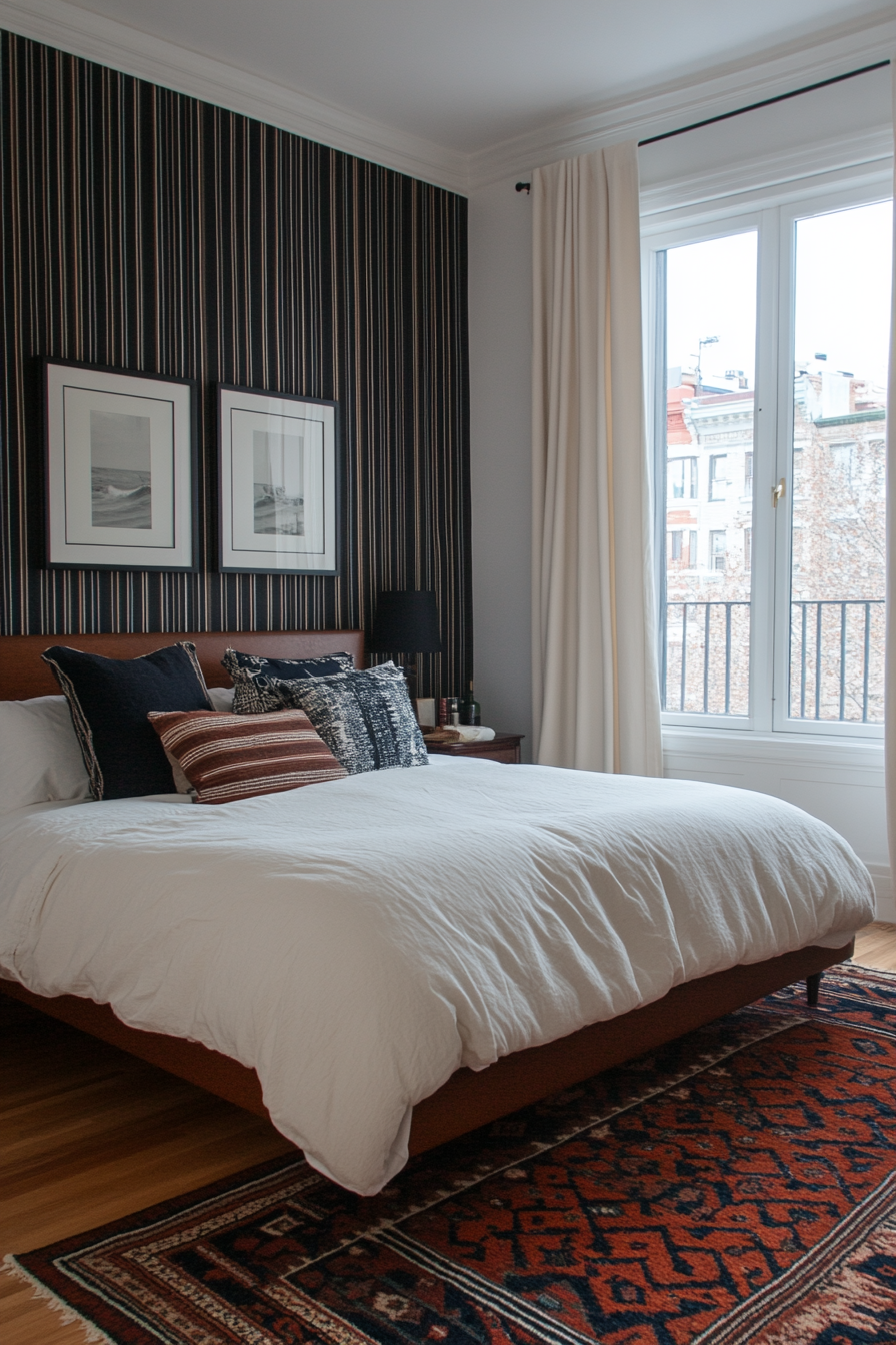Bedroom with classic striped accent wall