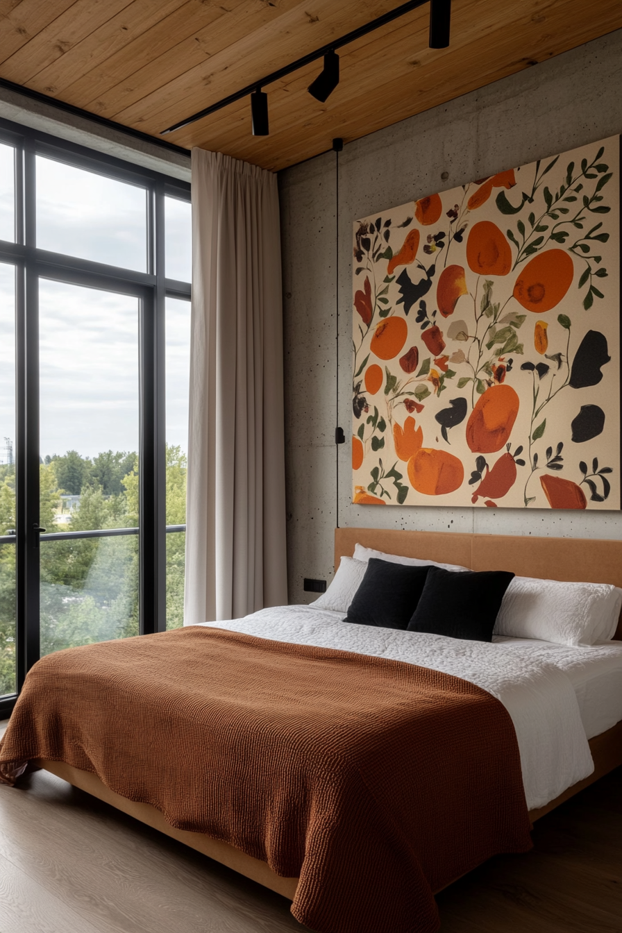 Bedroom with modern abstract design accent wall