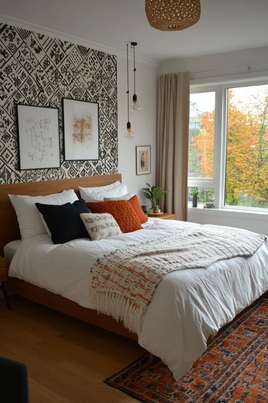 Bedroom with artistic stenciling accent wall