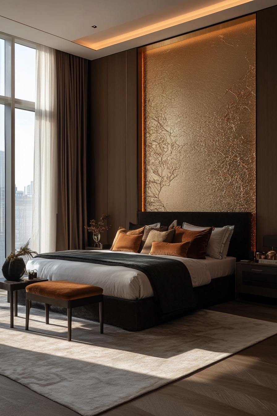 Bedroom with metallic accent wall